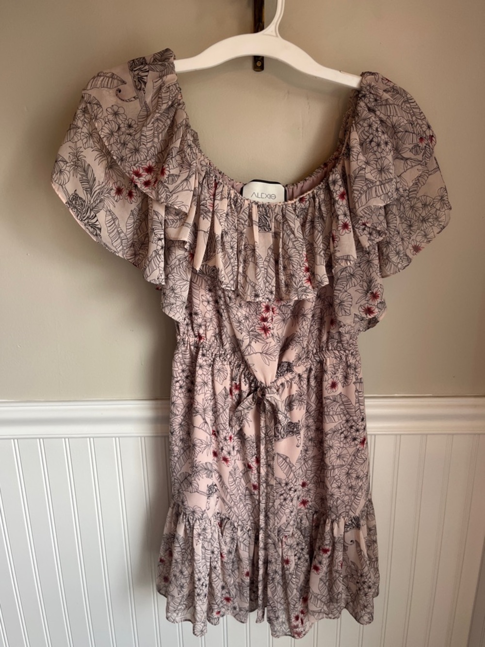 Alexis Off-the-Shoulder Ruffle Mini Dress Blush Pink Tropical Print Small